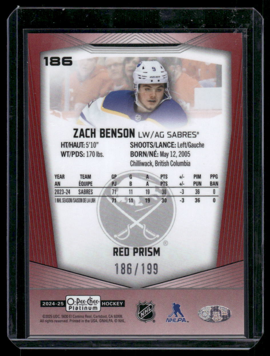 2024-25 O-Pee-Chee Platinum #186 Zach Benson Red Prism