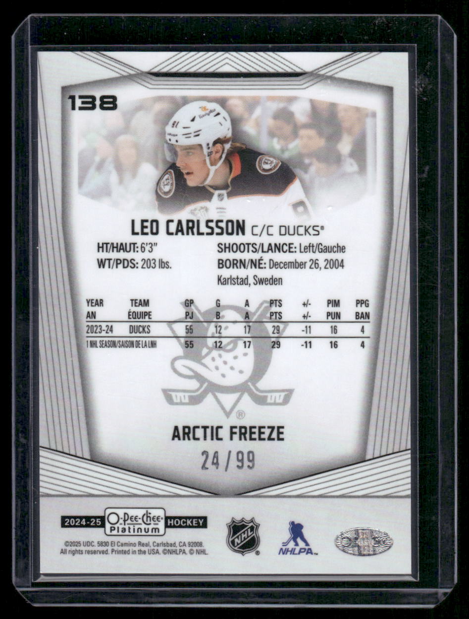 2024-25 O-Pee-Chee Platinum #138 Leo Carlsson Arctic Freeze
