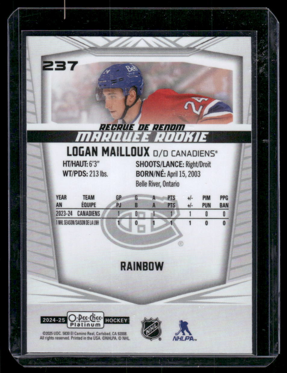 2024-25 O-Pee-Chee Platinum #237 Logan Mailloux Rainbow
