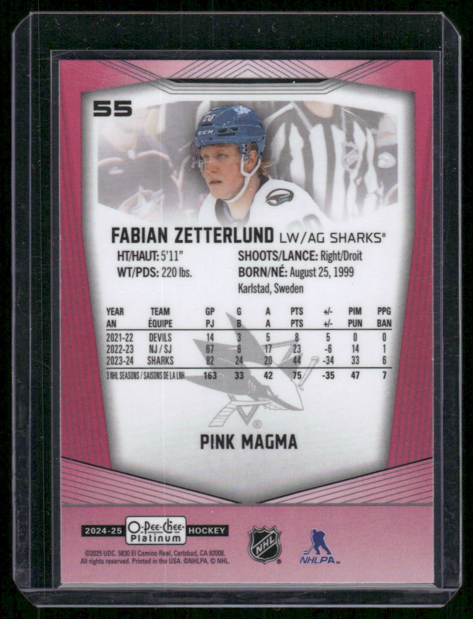 2024-25 O-Pee-Chee Platinum #55 Fabian Zetterlund Pink Magma