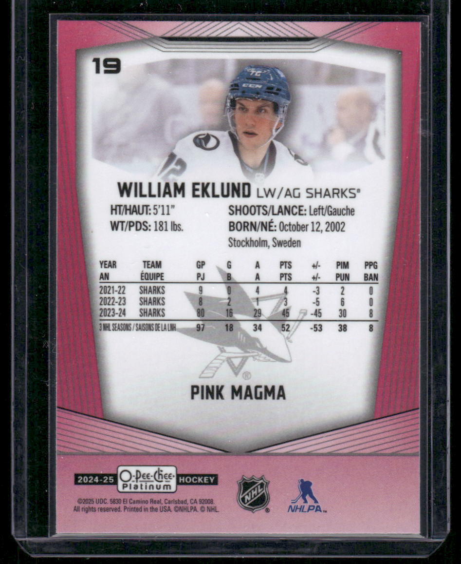 2024-25 O-Pee-Chee Platinum #19 William Eklund Pink Magma