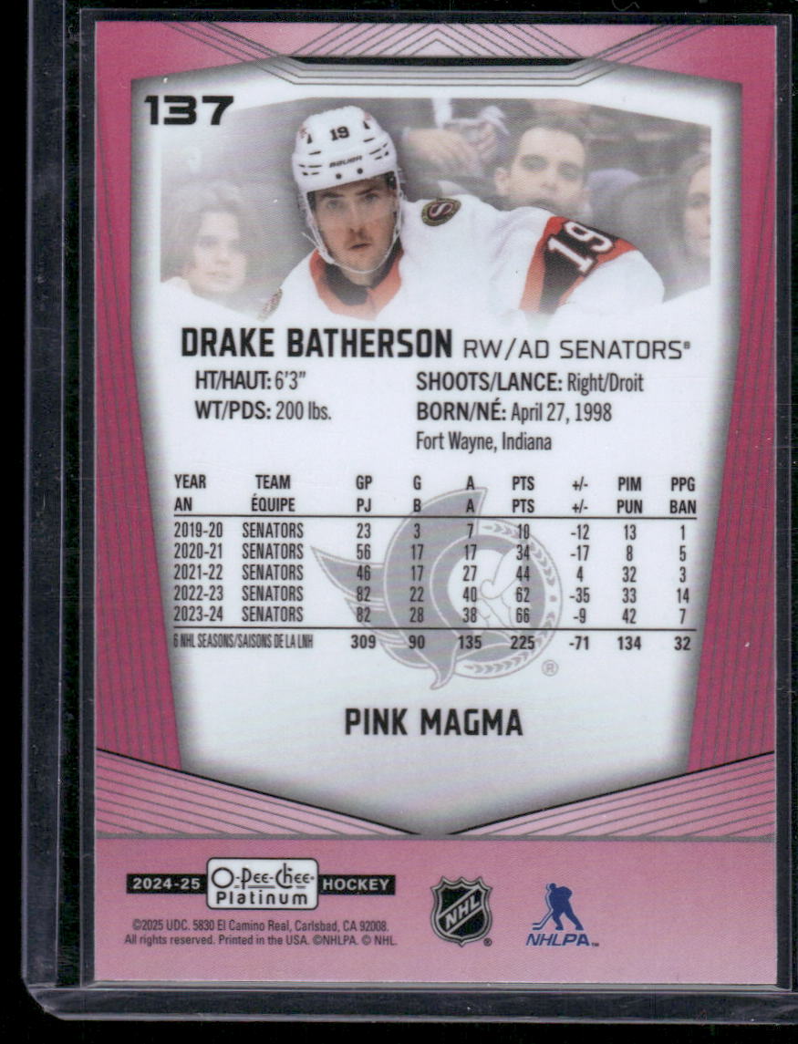 2024-25 O-Pee-Chee Platinum #137 Drake Batherson Pink Magma