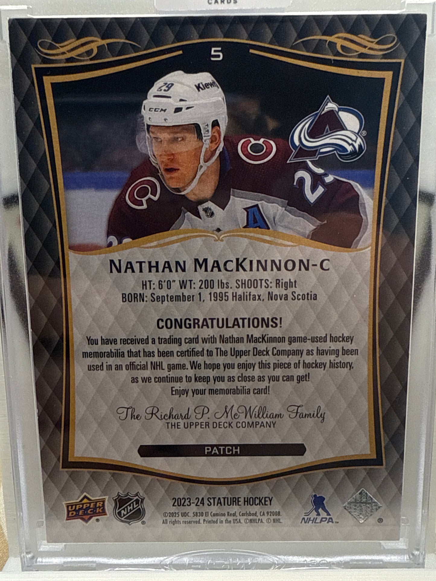 2023-24 UD Stature Nathan MacKinnon 3-Color Patch /49 Avalanche SSP
