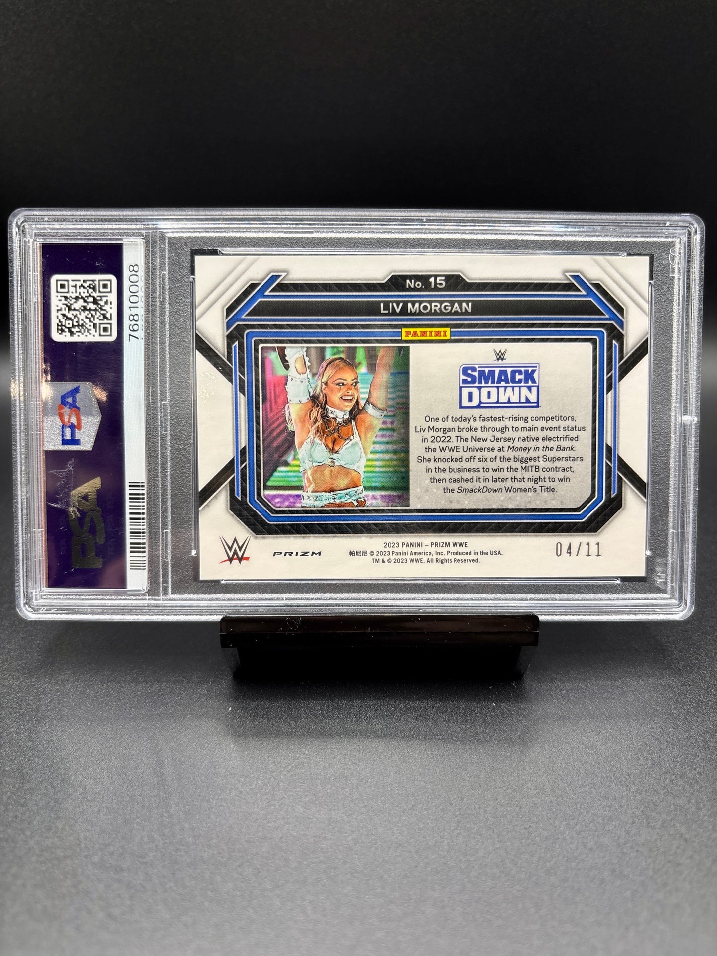 2023 Panini Prizm WWE Blue Shimmer 4/11, #15 Liv Morgan PSA 9, First Off The Line