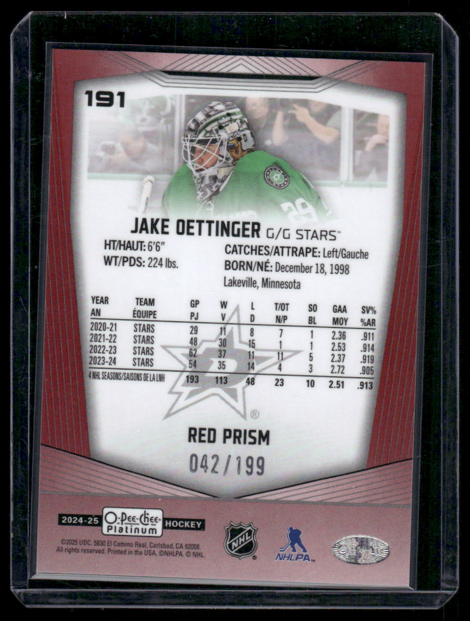 2024-25 O-Pee-Chee Platinum #191 Jake Oettinger Red Prism