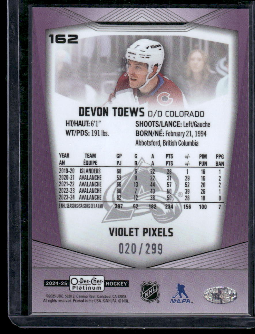 2024-25 O-Pee-Chee Platinum #162 Devon Toews Violet Pixels #/299
