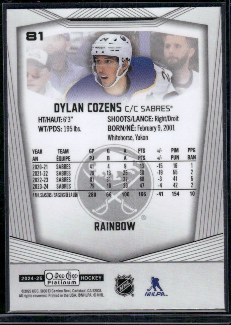 2024-25 O-Pee-Chee Platinum #81 Dylan Cozens Rainbow