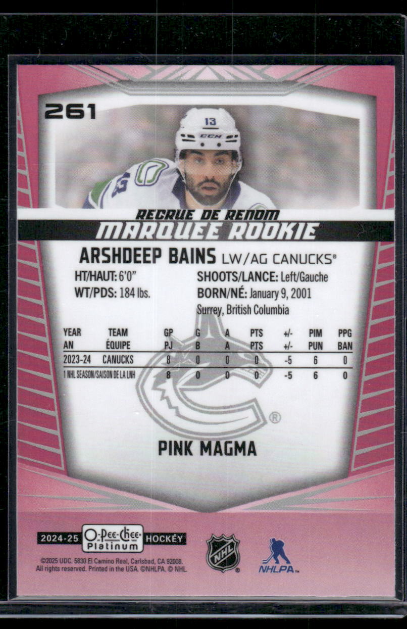 2024-25 O-Pee-Chee Platinum #261 Arshdeep Bains Pink Magma