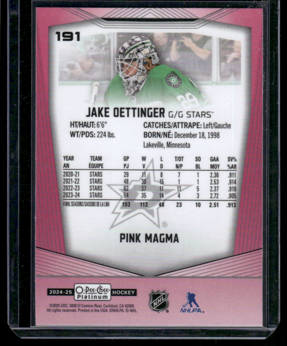 2024-25 O-Pee-Chee Platinum #191 Jake Oettinger Pink Magma