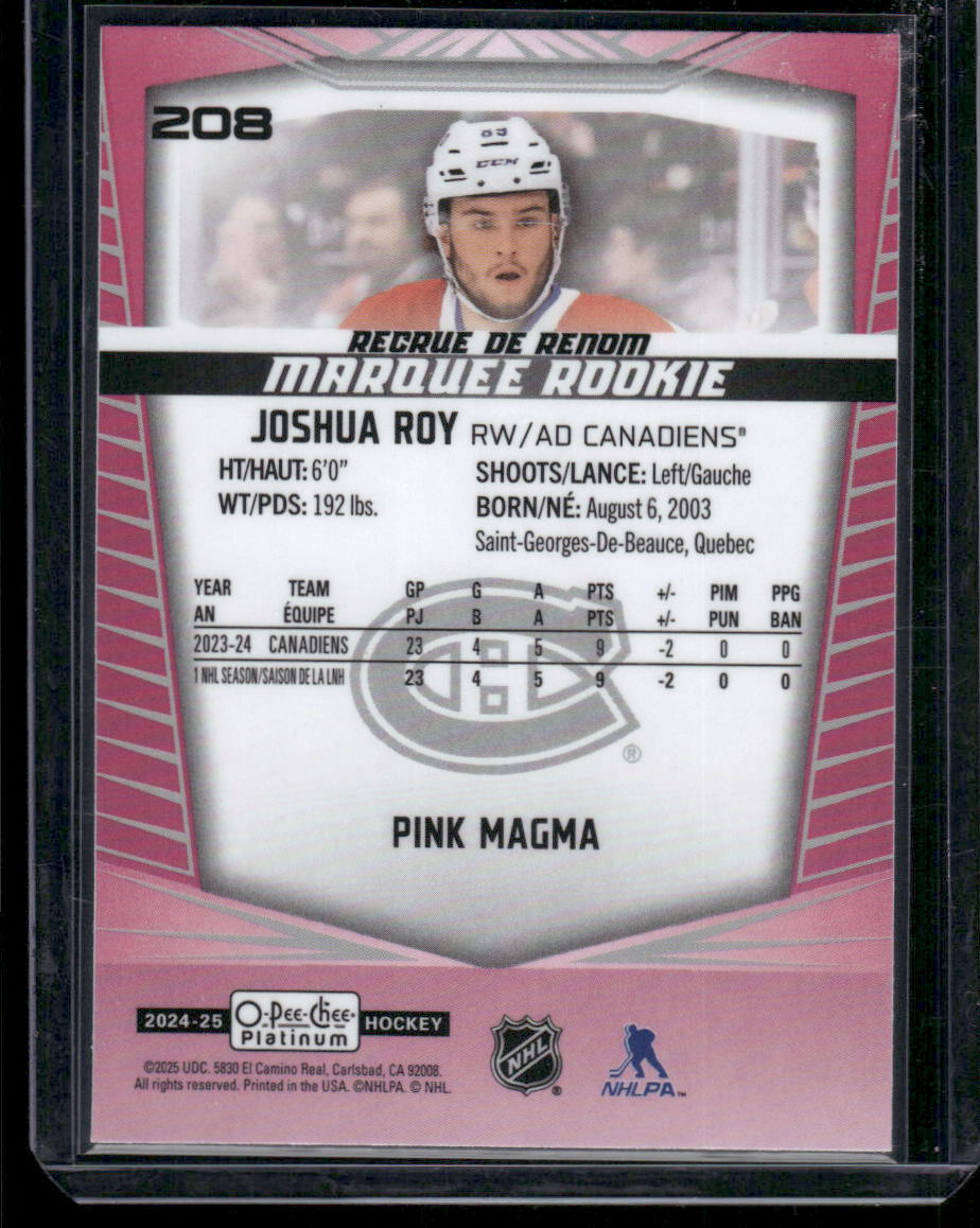 2024-25 O-Pee-Chee Platinum #208 Joshua Roy Pink Magma