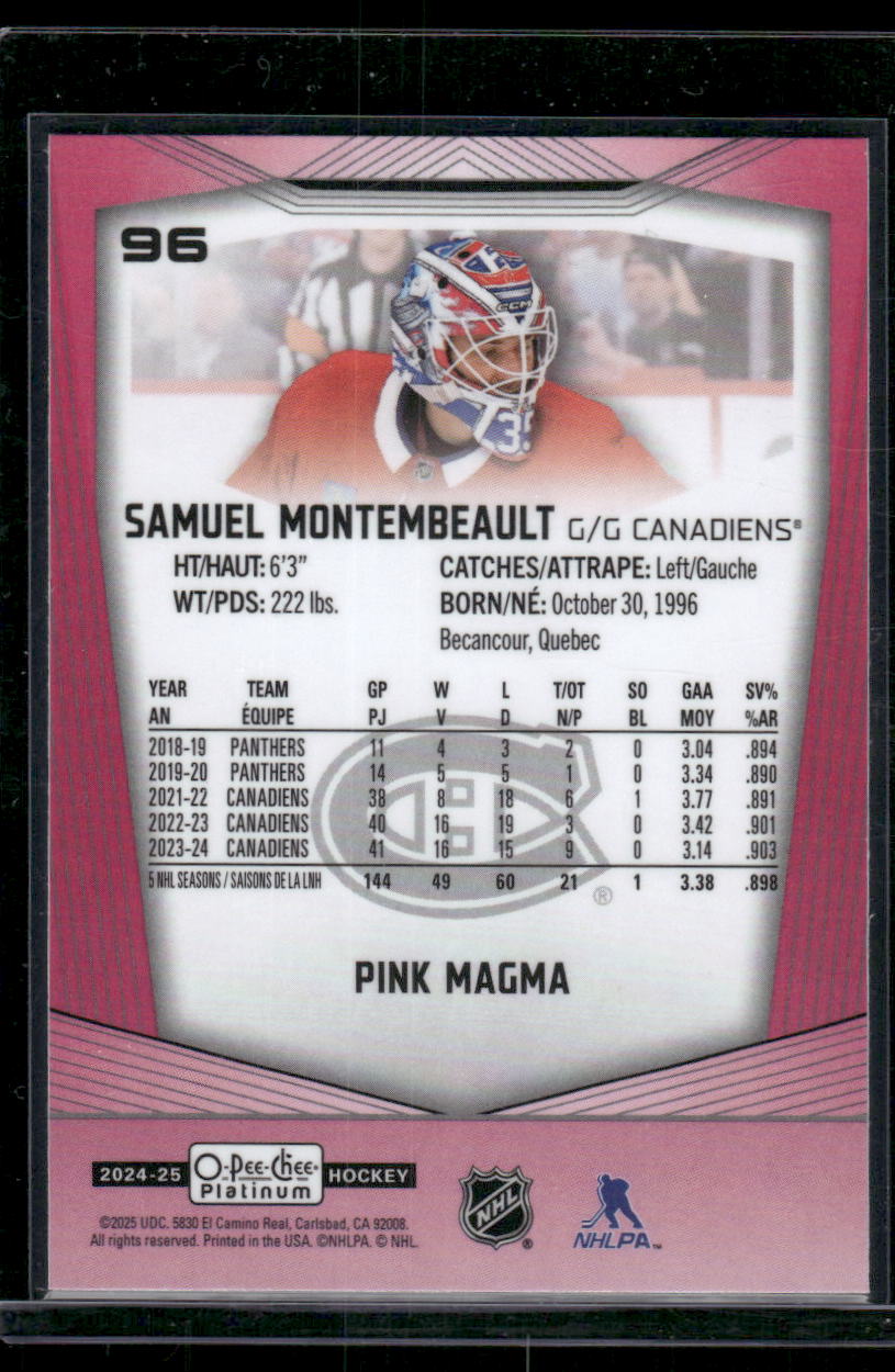 2024-25 O-Pee-Chee Platinum #96 Samuel Montembeault Pink Magma