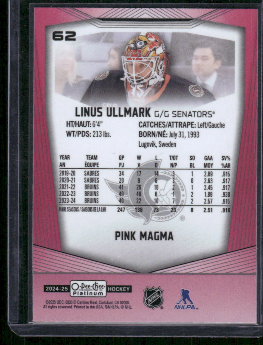 2024-25 O-Pee-Chee Platinum #62 Linus Ullmark Pink Magma