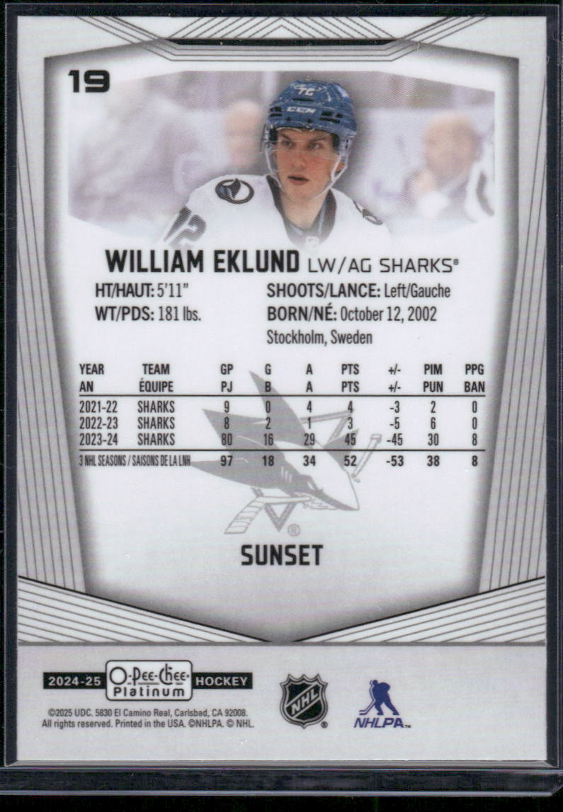 2024-25 O-Pee-Chee Platinum #19 William Eklund Sunset