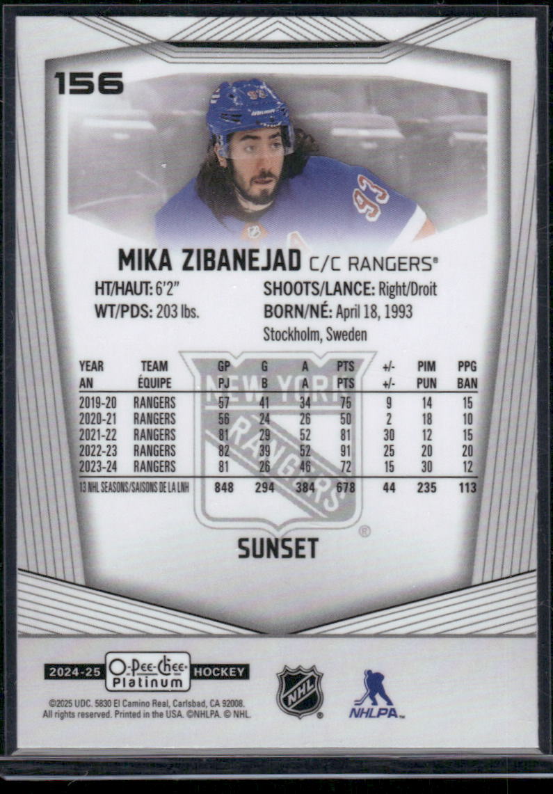 2024-25 O-Pee-Chee Platinum #156 Mika Zibanejad Sunset