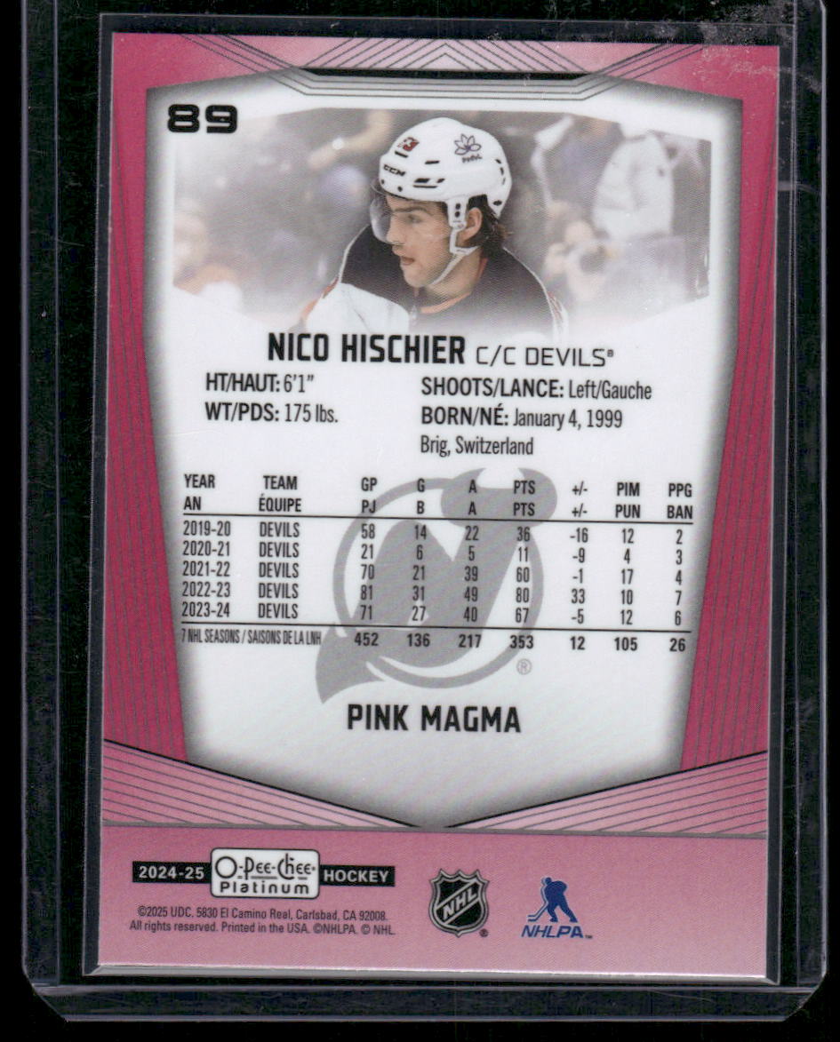 2024-25 O-Pee-Chee Platinum #89 Nico Hischier Pink Magma