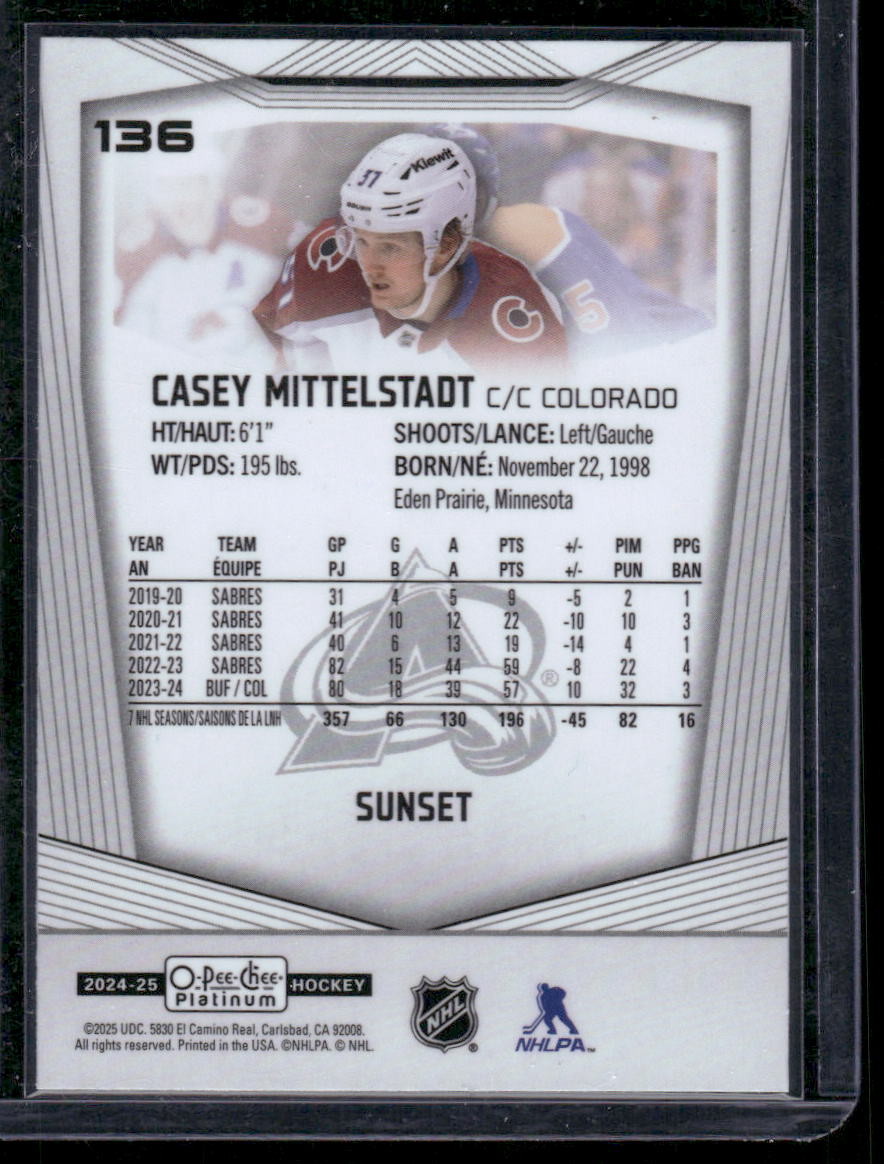2024-25 O-Pee-Chee Platinum #136 Casey Mittelstadt Sunset