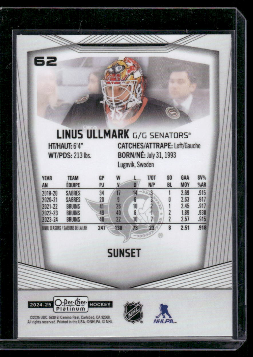 2024-25 O-Pee-Chee Platinum #62 Linus Ullmark Sunset