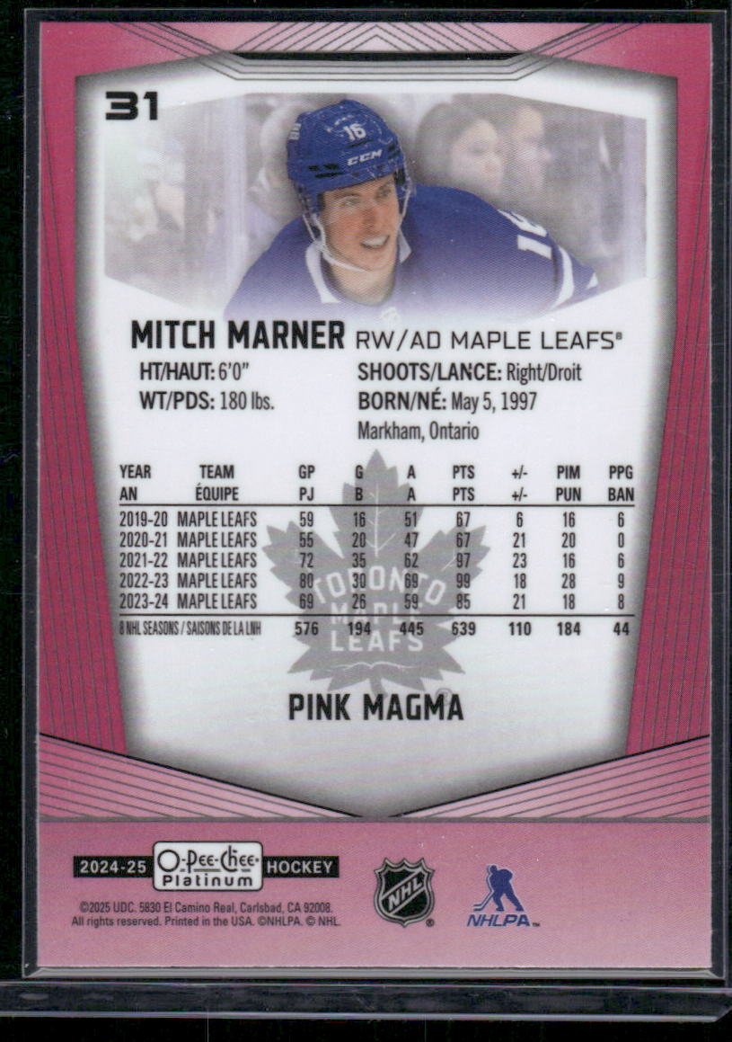 2024-25 O-Pee-Chee Platinum #31 Mitch Marner Pink Magma