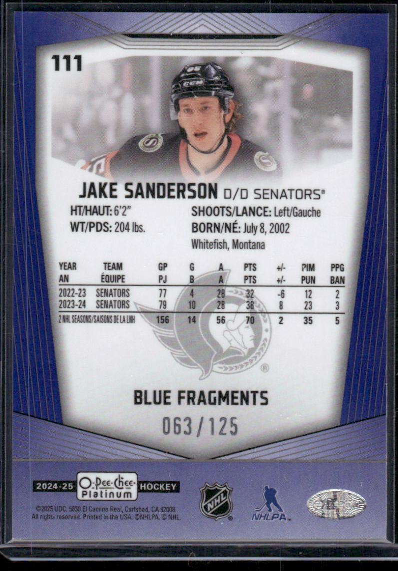 2024-25 O-Pee-Chee Platinum #111 Jake Sanderson Blue Fragments #/125