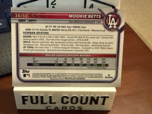 2022 Bowman Chrome Mookie Betts Gold Refractor #84 34/50 SSP Dodgers