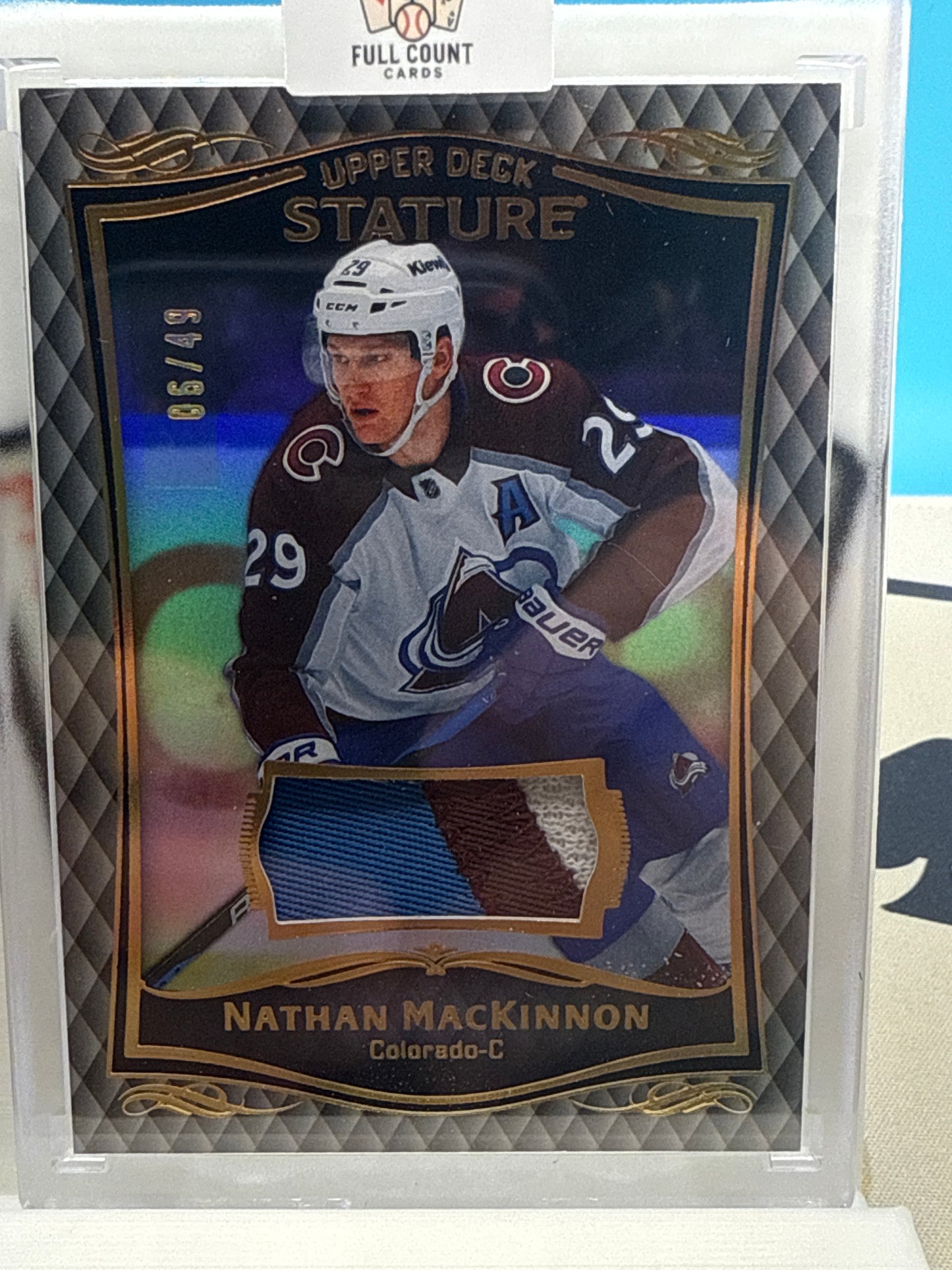 2023-24 UD Stature Nathan MacKinnon 3-Color Patch /49 Avalanche SSP