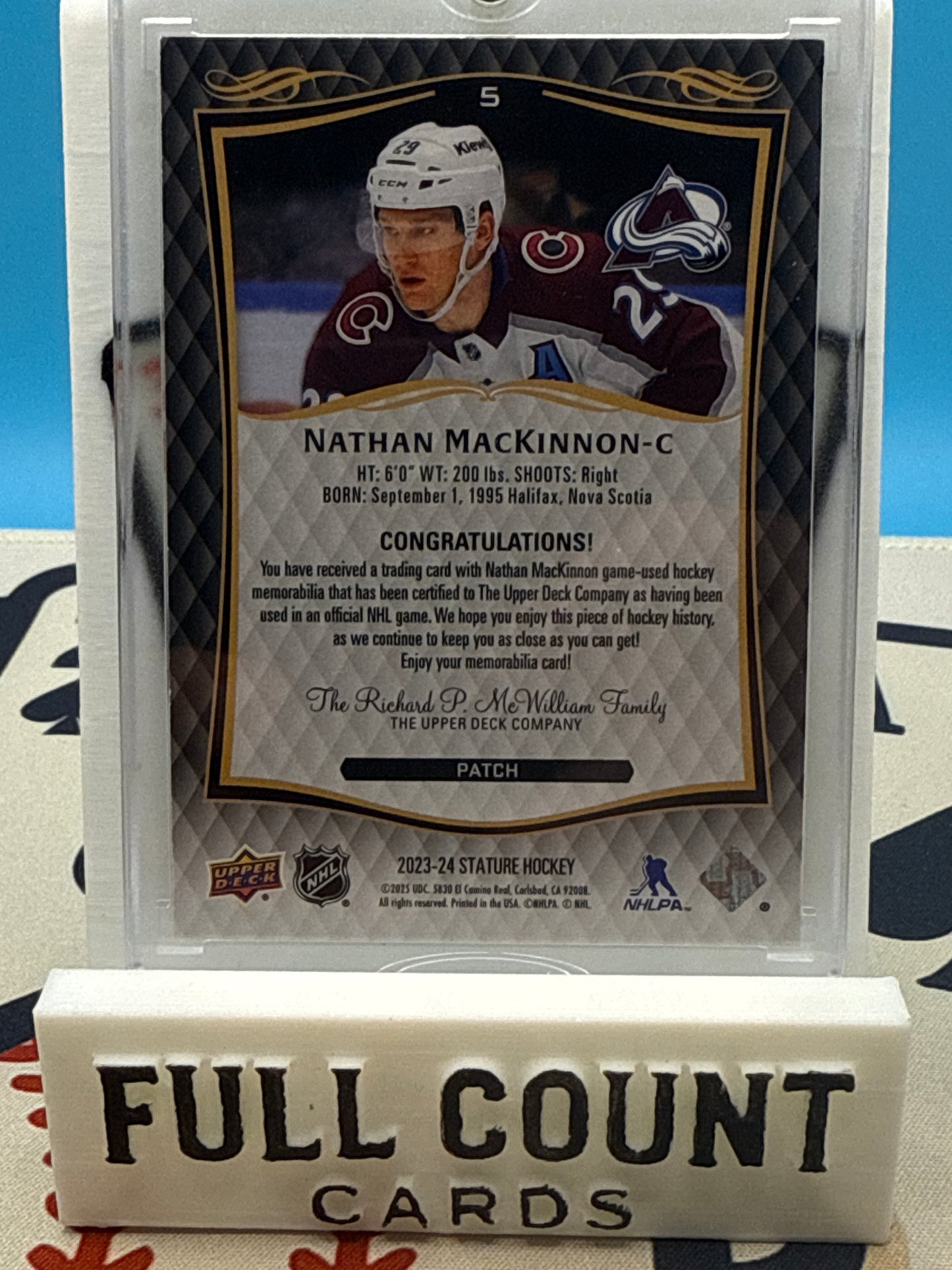 2023-24 UD Stature Nathan MacKinnon 3-Color Patch /49 Avalanche SSP