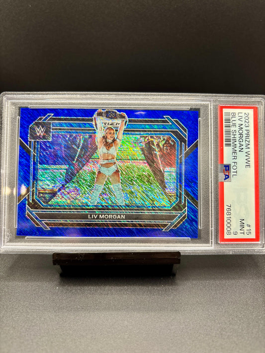 2023 Panini Prizm WWE Blue Shimmer 4/11, #15 Liv Morgan PSA 9, First Off The Line