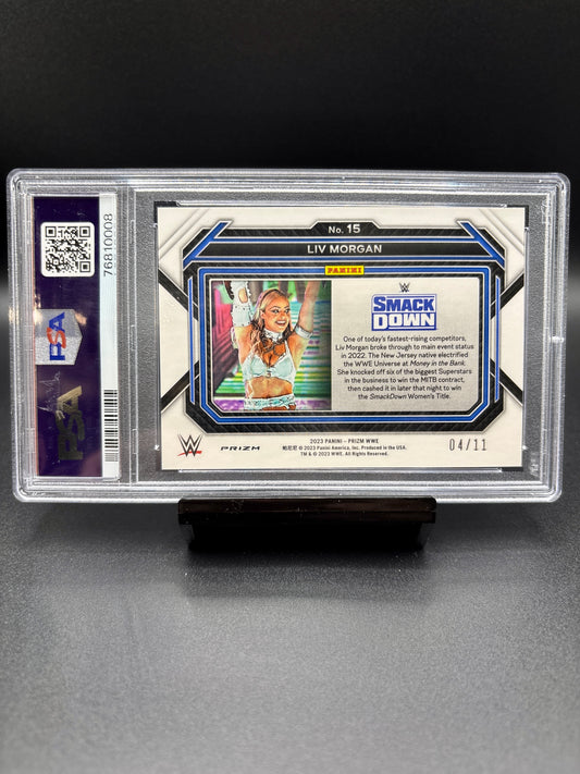 2023 Panini Prizm WWE Blue Shimmer 4/11, #15 Liv Morgan PSA 9, First Off The Line